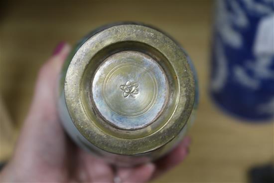 A Chinese blue and white cylindrical vase, a cloisonne turquoise-ground vase and three decorative glass panels (5)